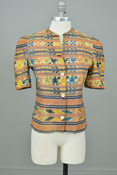 1930s Hand Woven People + Birds Puff Sleeve Jacket | As is needs work
