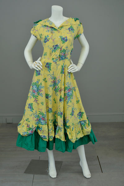 1930s Yellow Floral Rose Print Cottagecore Peasant Dress | Issues