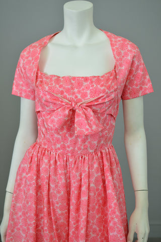 1950s Barbie Hot Pink Pinwheels Print Fit and Flare Party Dress with Attached Tie Front Shrug