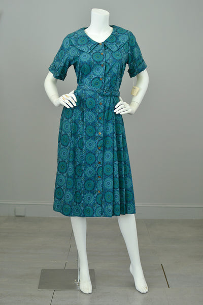 1950s Peacock Feather Medallion Print Shirtwaist Dress with Sailor Collar | Original Tags