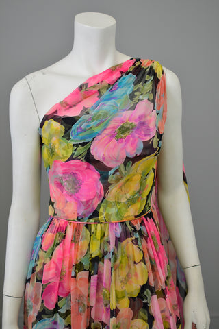 1960s Floral Print Chiffon Draping Goddess Gown Dress