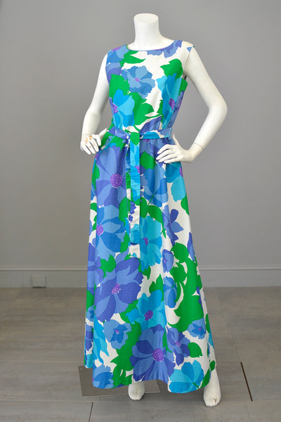 1970s Malia Honolulu Purple Blue Green Hawaiian Floral Print Wrap Around Maxi Dress with pockets