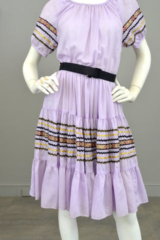 Vtg 1960s 70s Lilac Patio Square Dance Dress Trimmed with Gold Metallic Ribbon and Black & Gold Rickrack | Full Skirt Square Dance Dress | Patio Dress