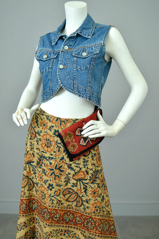 Early 1970s Retro Flowers Block Print Hippie Festival Skirt