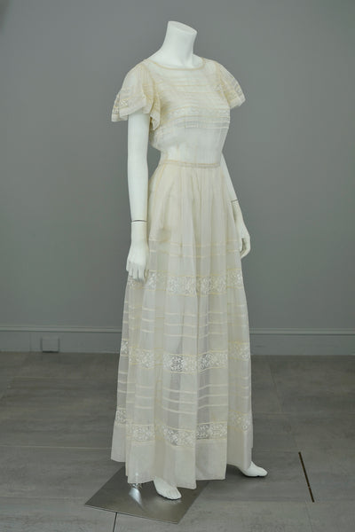1970s Lovely Sheer Cream Tiered Panel Gown with Flutter Sleeves | 70s Peasant Gown