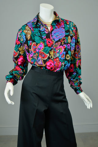 1980s Vibrant Neon Floral Rose Print Silk Blouse with Pleated Shoulders