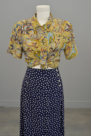 1990s Navy Blue White Polka Dot Rayon Wrap Skirt Vintage Inspired by Anthropologie