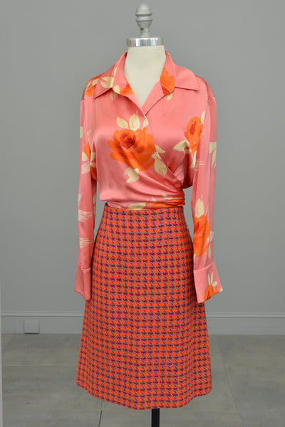 1980s Pink Silk Floral Rose Print Wrap Front Blouse by Ellen Tracy