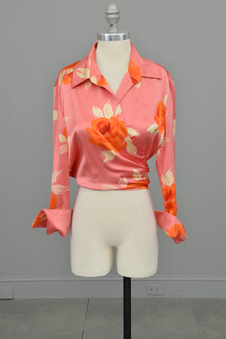 1980s Pink Silk Floral Rose Print Wrap Front Blouse by Ellen Tracy