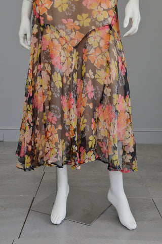 1920s 30s Pink Yellow Floral Print on Charcoal Grey Chiffon Flapper Dress | Restoration needed