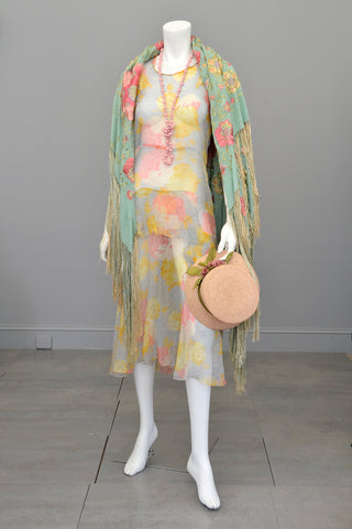 1920s 30s Pastel Floral Print Chiffon Jazz Age Flapper Dress TLC