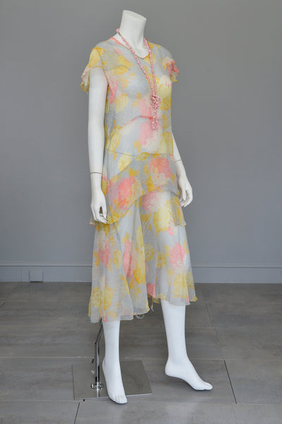 1920s 30s Pastel Floral Print Chiffon Jazz Age Flapper Dress TLC