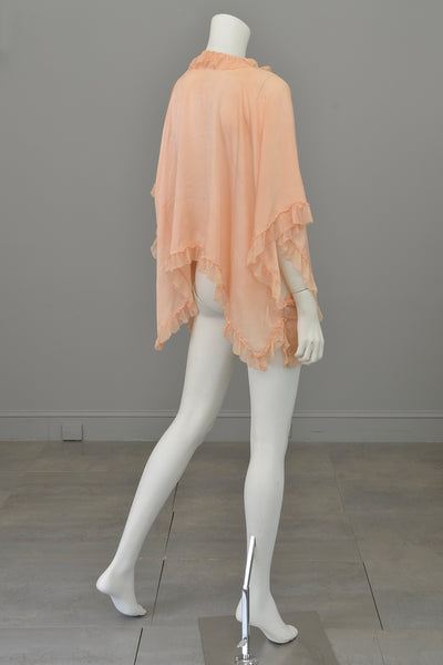 1920s Peachy Pink Silk Satin / Crepe Chiffon Ruffle Capelet Cape Shrug | Restoration Piece