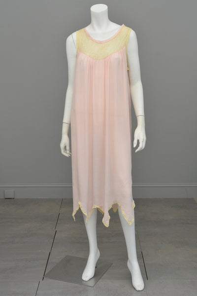 1920s Ballerina Pink Silk Negligee w Lace Trim + Handkerchief Hemline