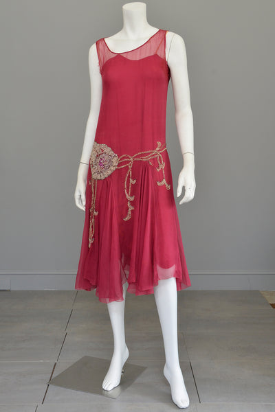 1920s Cranberry Chiffon Beaded Flapper Dress for Restoration