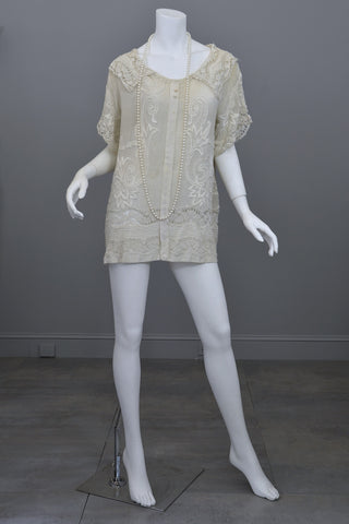 Deco 20s Embroidered Gauze Tunic Lace Top