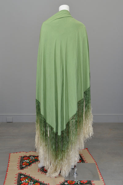 1920s Avocado Green Ombré Fringe Shawl