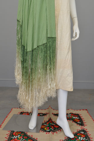 1920s Avocado Green Ombré Fringe Shawl