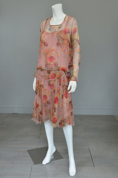 1920s Pink Floral Chiffon Flapper Dress needs TLC