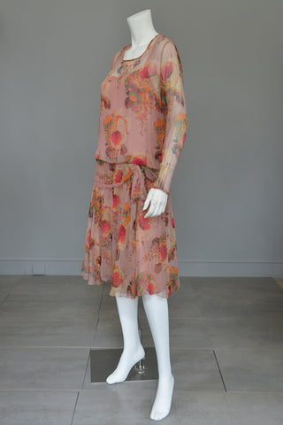 1920s Pink Floral Chiffon Flapper Dress needs TLC