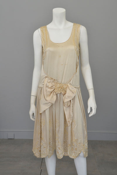 1920s Satin beaded with florettes Flapper Weeding Dress for restoration