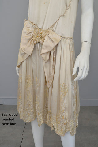 1920s Satin beaded with florettes Flapper Weeding Dress for restoration