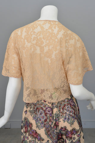 1930s 40s Beige Embroidered Lace Flutter Sleeve Bolero Shrug