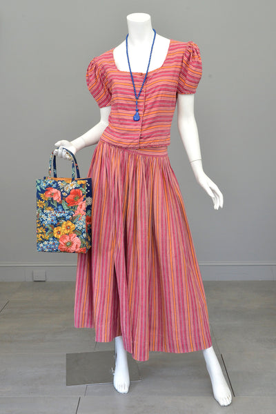 1930s 40s Puff Sleeve Peasant Folk Top + Skirt Two Piece Dress Saks