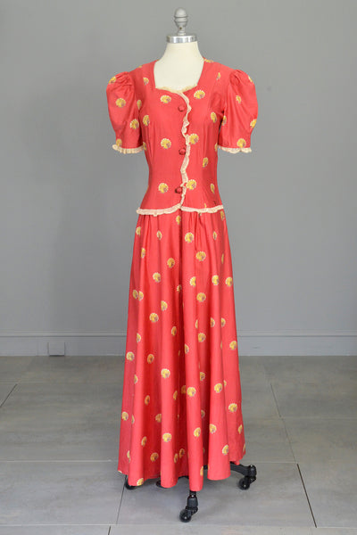 1930s Seashell Novelty Print Puff Sleeve Peasant Folk Dress Gown