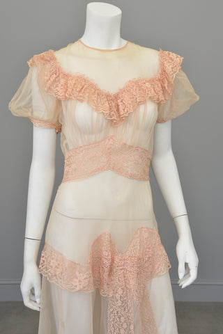 1930s Shell Pink Lace Ruffles Puff Sleeves Gown | Mesh Netting | Restoration or Study