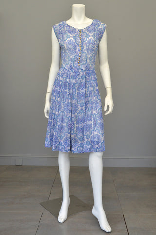 1950s Semi Sheer Blue White Paisley Scallop Trim Starfish Sundress