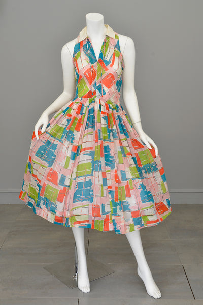 1940s 50s Contemporary Art Print Dress - Restoration piece, needs good cleaning