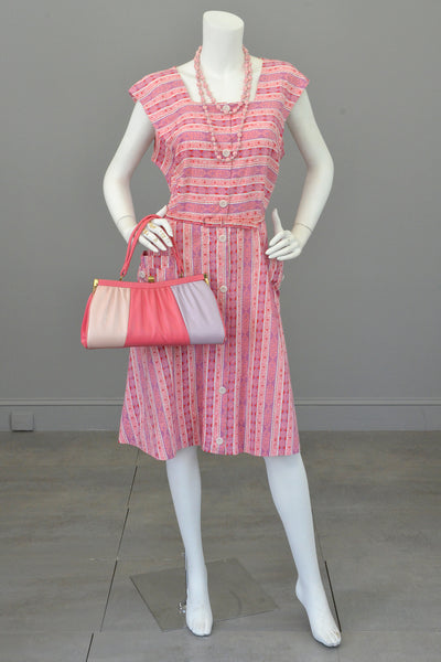 Late 1940s Early 50s Pink Lilac Striped Summer Dress w Pockets, Size L