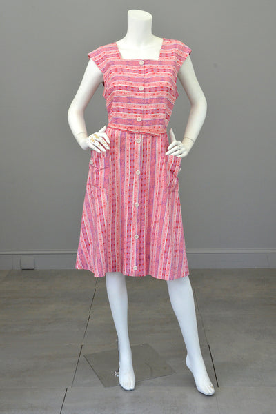 Late 1940s Early 50s Pink Lilac Striped Summer Dress w Pockets, Size L ...