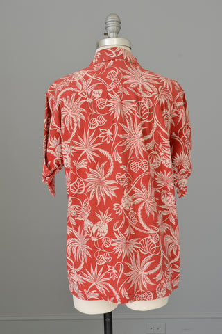 1940s 50s Red White Atomic Floral and Pineapple Print Unisex Hawaiian Shirt