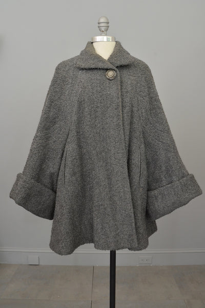 1940s Grey Boucle Swing Coat with Cuffed Bell Sleeves