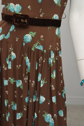 1940s Novelty Print Dress Brown Aqua Floral Print Pleated Dress