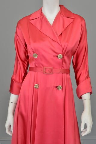 1940s Raspberry Pink Satin Wrap Front Dress House Coat