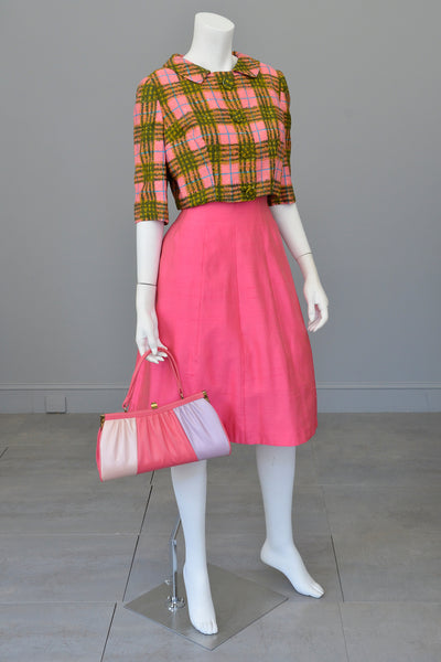 1950s Hot Pink + Olive Green Plaid Bolero Blazer