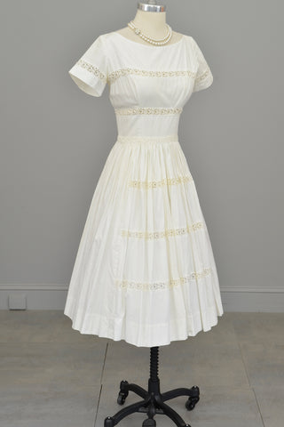 1950s 60s White Eyelet Fit and Flare Wedding Party Dress | Vintage Wedding