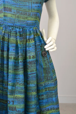 1950s Novelty Print Dress of French Newspaper Advertisements, Pockets, Full Skirt