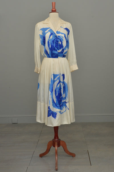 RESERVED Vintage 1950's Blue White Cabbage Rose Print Silk Dress