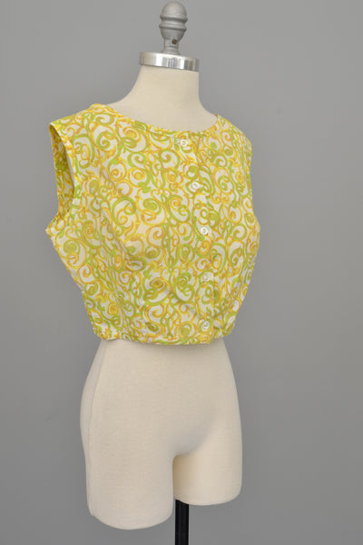 1950s Lemon and Lime Swirl Print Retro Cropped Top | Pinup Top | M/L 38"+ Bust