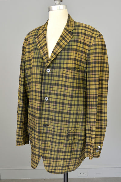 1950s Men's Olive Green Charcoal Grey Plaid Blazer Jacket Coat
