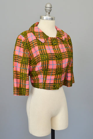 1950s Hot Pink + Olive Green Plaid Bolero Blazer