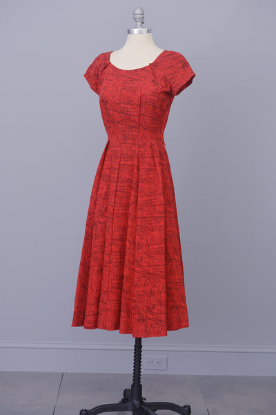 1950s Red with Black Atomic Sketch Print Dress