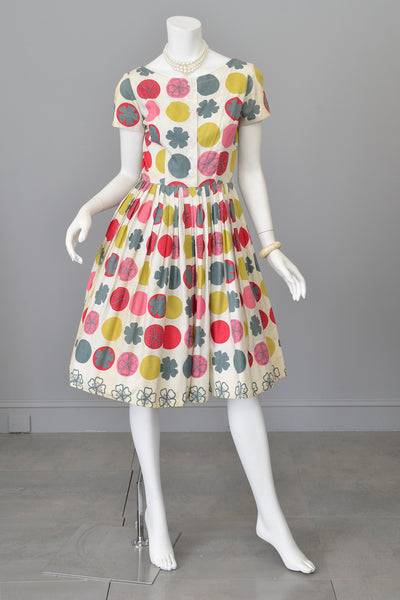 1950s Retro Novelty Print Dots Clovers Flowers 50s Dress