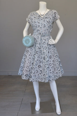 1950s Powder Blue with Rhinestone Bodice Vintage Party Dress Novelty Floral Print, Medium