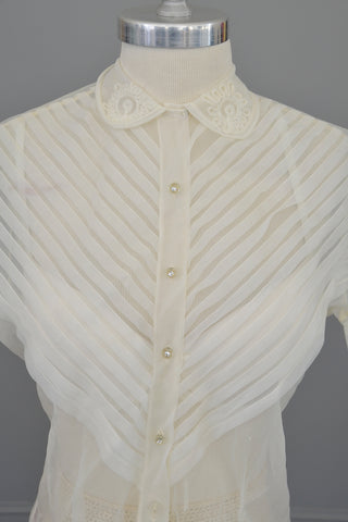 1950s White Sheer Nylon Pleated Blouse