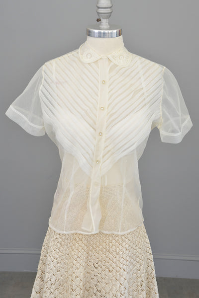 1950s White Sheer Nylon Pleated Blouse